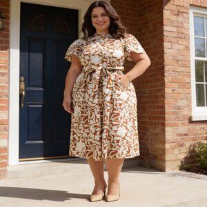 Cotton floral button down dress - Plus size, curvy, belted dress, elegant formal